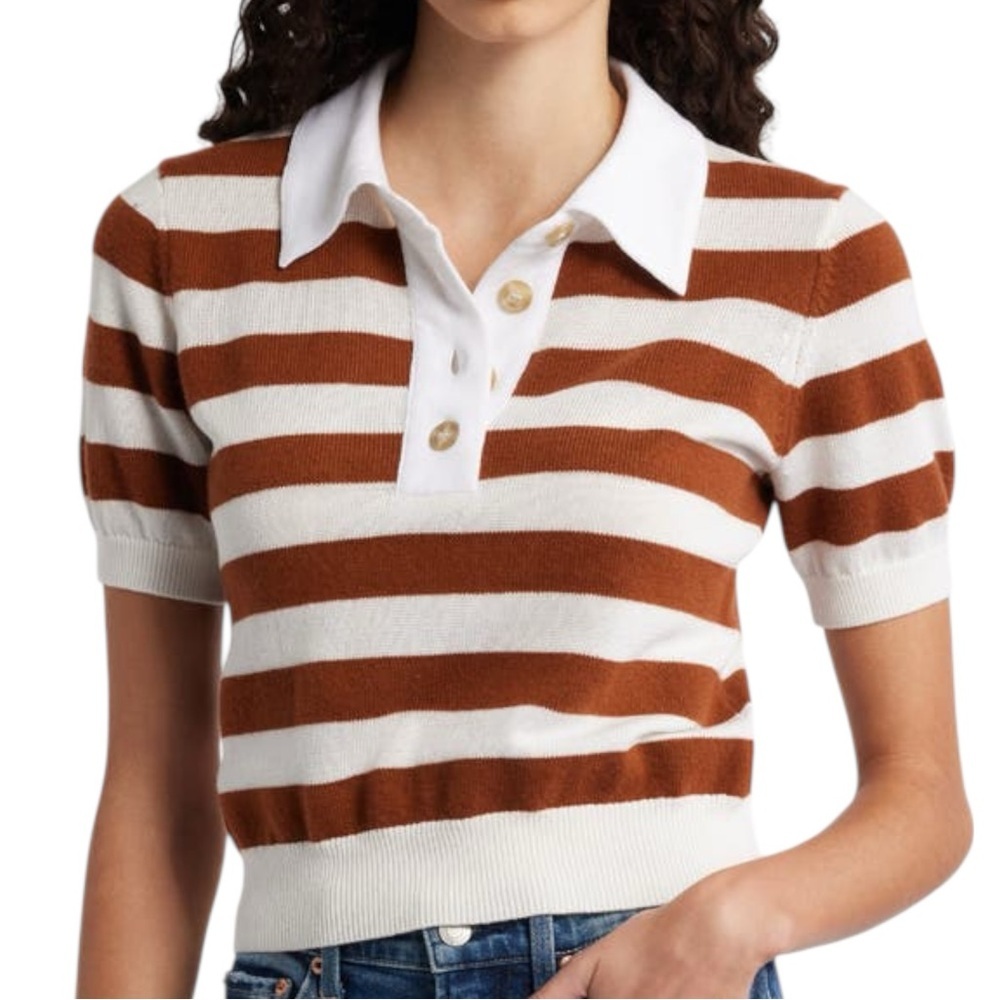 Frame Denim Size M Brown White The Bold Striped Cashmere Blend Polo Knit Sweater